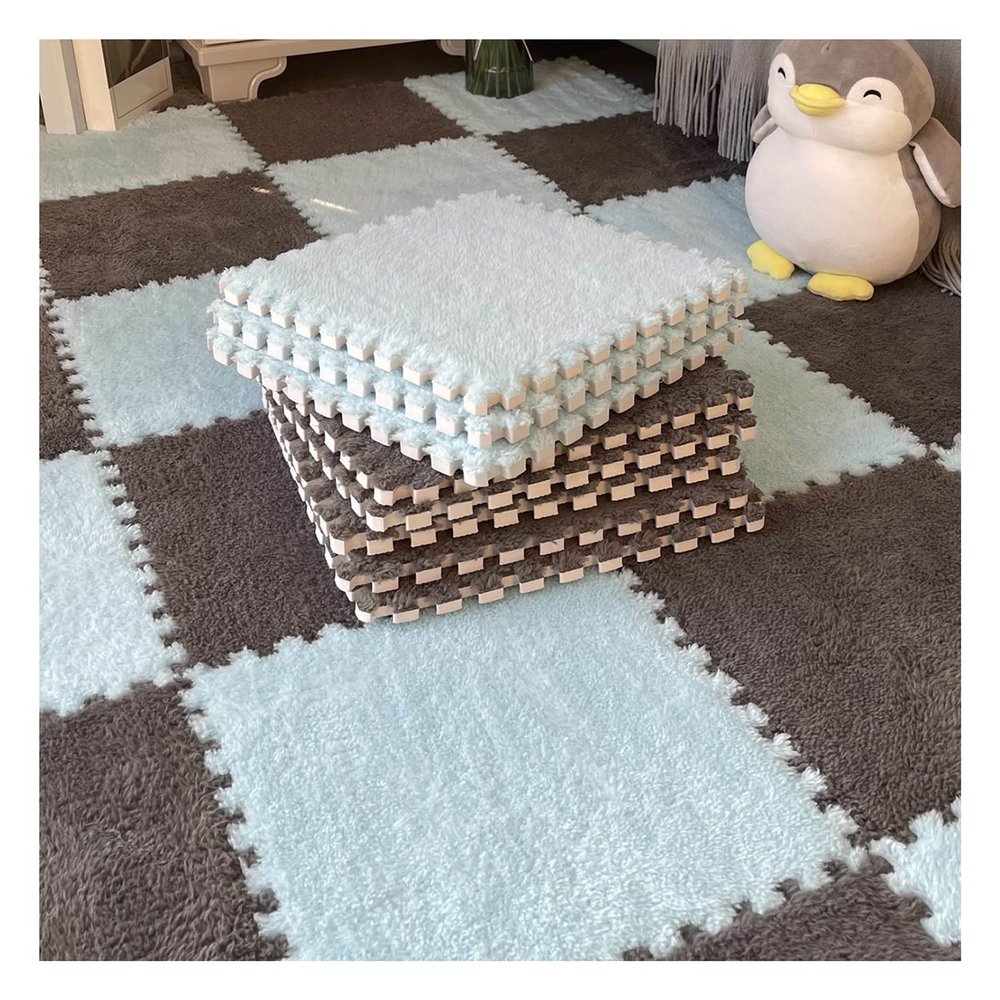 12"X12" Plush Interlocking Carpet Tiles, 10Mm Thick Foam Mat, Puzzle Play Mat, Soft Crawling Playing Floor Mat, Anti-Slip and Anti-Fall,Gray+Light Blue,40Pcs