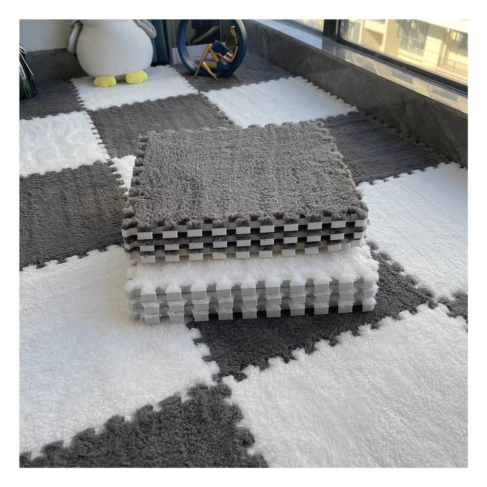 12"X12" Plush Interlocking Foam Mat, 6Mm Thick Foam Mat,Living Room Bedroom Carpet Tiles Area Rug Mat,Soft Puzzle Play Mat,Grey+White,40Pcs