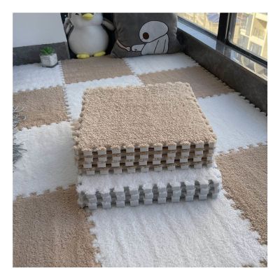 12"X12" Plush Interlocking Carpet Tiles, 10Mm Thick Foam Mat, Puzzle Play Mat, Soft Crawling Playing Floor Mat, Anti-Slip and Anti-Fall,Light Coffee+White,60Pcs