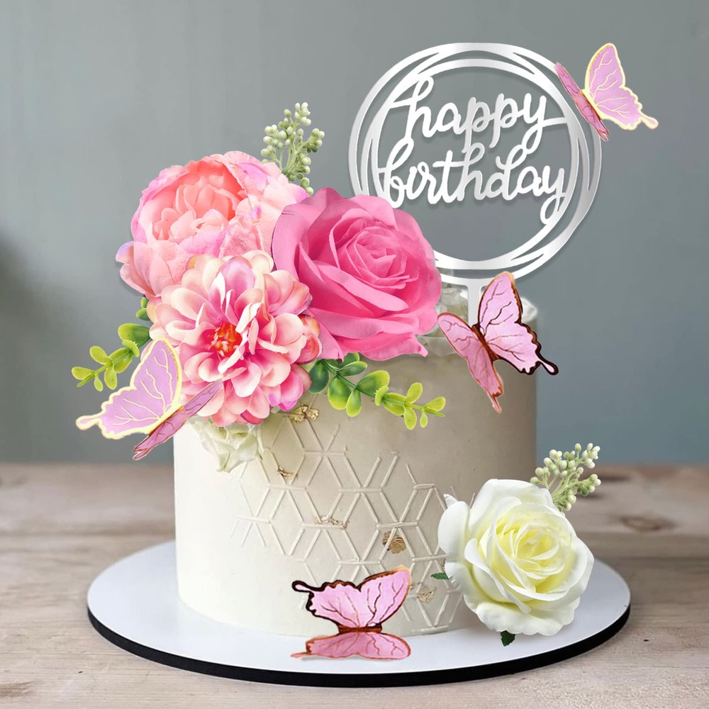 14 PCS Flower Cake Toppers Butterfly Cake Decorations Happy Birthday Cake Toppers with Artificial Pink Rose Flowers Eucalyptus Butterflies for Birthday Wedding Supplies (Pink)