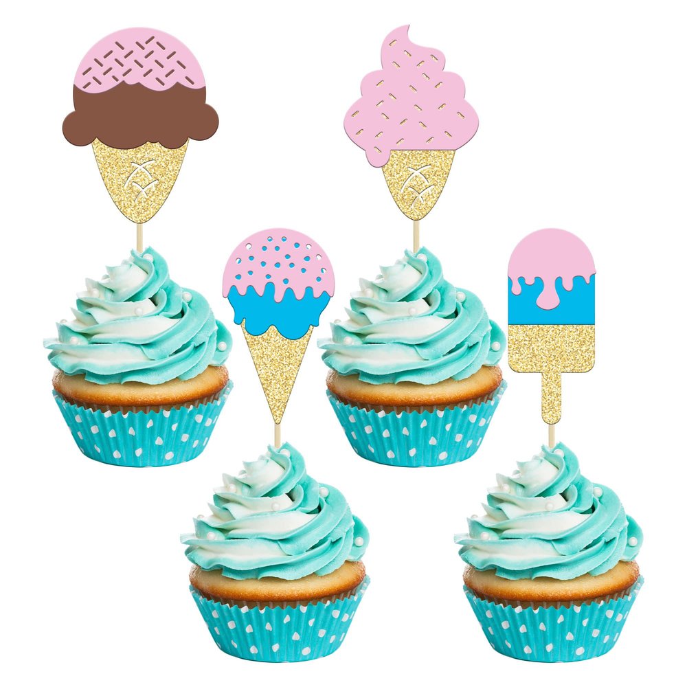 24Pcs Ice Cream Cupcake Toppers Glitter Summer Cupcake Picks for Hawaii Dessert Summer Ice Cream Themed Birthday Wedding Party Popsicle Baby Shower Decoration Supplies