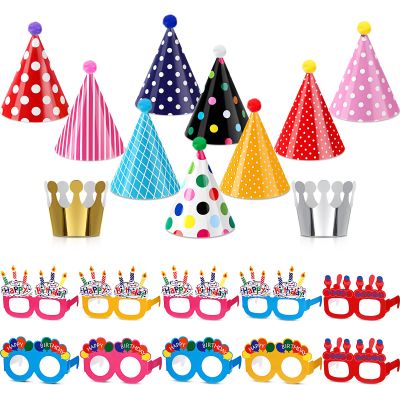 TaoBary 21 Pcs Birthday Party Hats Set for Kids Happy Birthday Glasses Paper Eyeglasses Frames Cone Hats for Christmas Party Decorations Photo Supplies