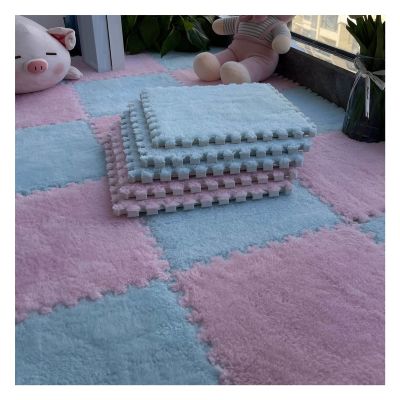 12"X12" Plush Interlocking Carpet Tiles, 10Mm Thick Foam Mat, Puzzle Play Mat, Soft Crawling Playing Floor Mat, Anti-Slip and Anti-Fall,Light Blue+Pink,60Pcs