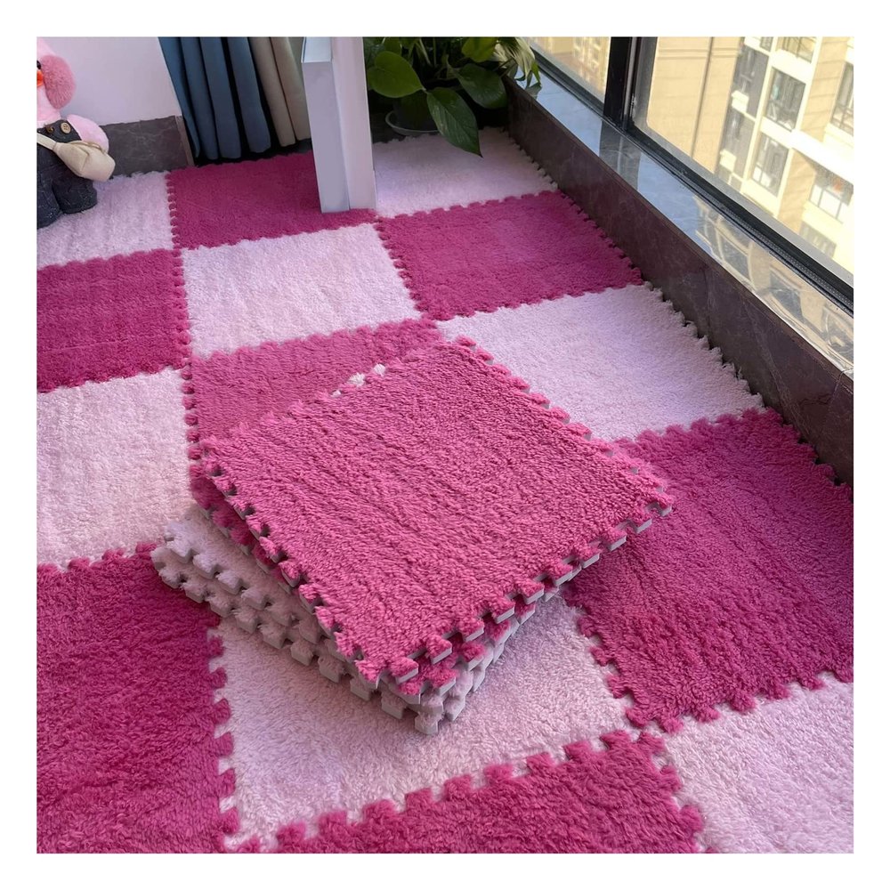 12"X12" Plush Interlocking Foam Mat, 6Mm Thick Foam Mat,Living Room Bedroom Carpet Tiles Area Rug Mat,Soft Puzzle Play Mat,Rose+Pink,40Pcs