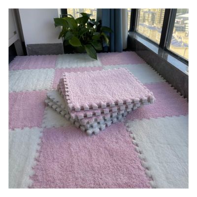 12"X12" Plush Interlocking Carpet Tiles, 10Mm Thick Foam Mat, Puzzle Play Mat, Soft Crawling Playing Floor Mat, Anti-Slip and Anti-Fall,Pink+White,60Pcs
