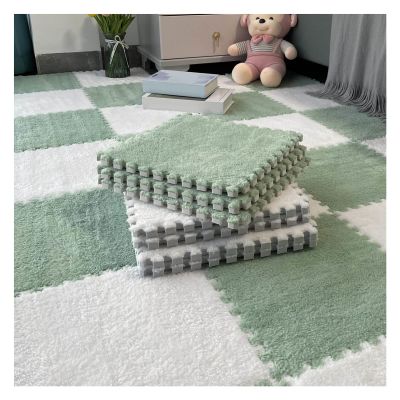 12"X12" Plush Interlocking Foam Mat, 6Mm Thick Foam Mat,Living Room Bedroom Carpet Tiles Area Rug Mat,Soft Puzzle Play Mat,Green+White,50Pcs