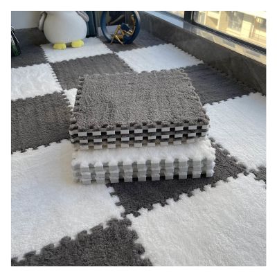 12"X12" Plush Interlocking Carpet Tiles, 10Mm Thick Foam Mat, Puzzle Play Mat, Soft Crawling Playing Floor Mat, Anti-Slip and Anti-Fall,Grey+White,50Pcs
