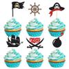 24Pcs Pirate Cupcake Toppers Black Glitter Nautical Sailing Skull Cap Cupcake Picks for Pirate Theme Baby Shower Kids Birthday Party Cake Decorations Supplies view 1