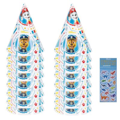 Unique Paw Patrol Birthday Party Supplies Bundle Pack includes Party Cone Hats and 1 Dinosaur Sticker Sheet - 16 Hats