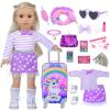 DONTNO 29 Pcs American Doll Clothes & Accessories, Cute Travel Play Set for 18 Inch Doll - Purple Clothes Suit, Unicorn Suitcase, Handbag, Lipstick, Camera, Sunglasses view 1