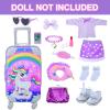 DONTNO 29 Pcs American Doll Clothes & Accessories, Cute Travel Play Set for 18 Inch Doll - Purple Clothes Suit, Unicorn Suitcase, Handbag, Lipstick, Camera, Sunglasses view 2