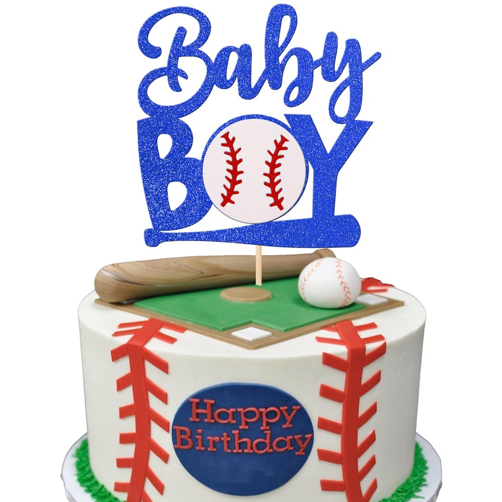 1 PCS Baseball Baby boy Cake Topper Glitter Gender Reveal Oh Baby Baseball Cake Pick for Baseball Sports Theme Baby Shower Kids Boys Birthday Party Cake Decorations Supplies