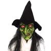 Halloween Old Witch Mask Scary Green Creepy Old Hag Mask with Hair Hat Cosplay Prop Horror Wizard Dress Up Face Cover view 1