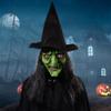 Halloween Old Witch Mask Scary Green Creepy Old Hag Mask with Hair Hat Cosplay Prop Horror Wizard Dress Up Face Cover view 3