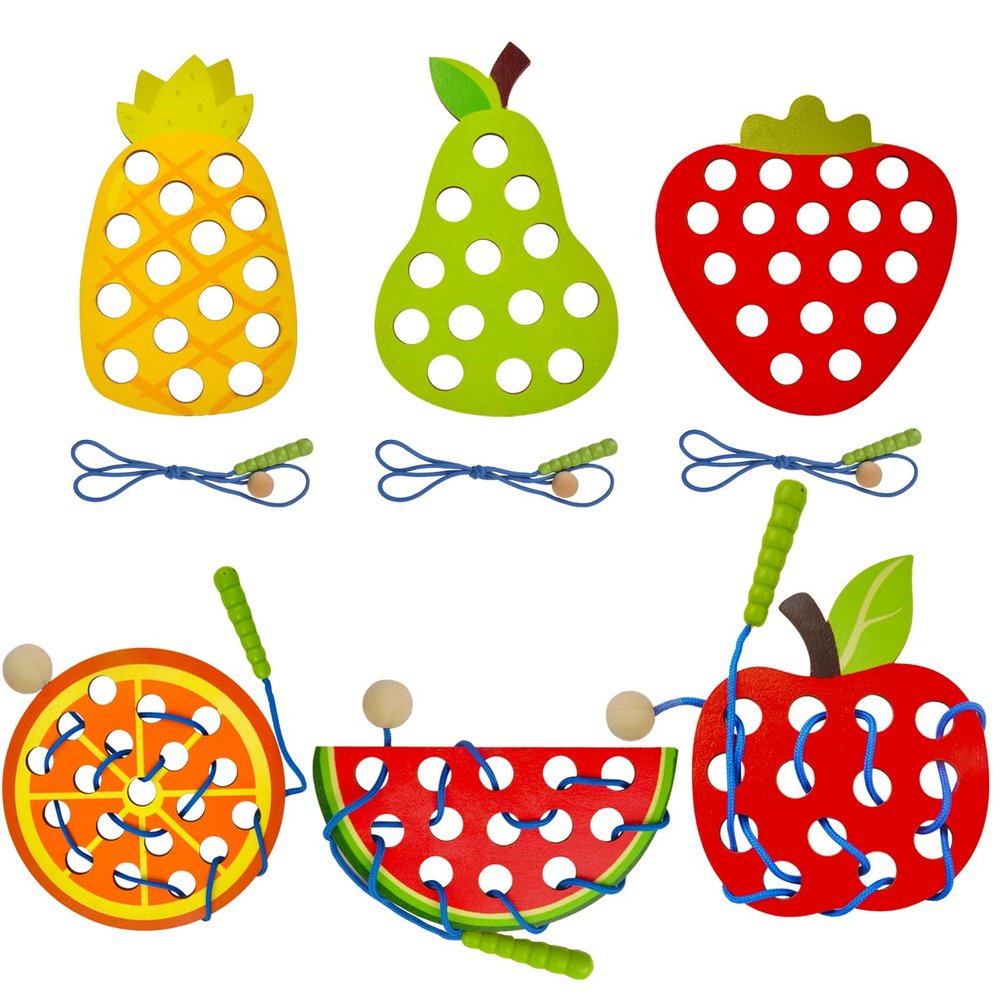 ECam 6 Pcs Lacing Toy for Toddlers, Wooden Threading Toys, Educational and Learning Montessori Activity for Baby and Kids, Fine Motor Skill Toys, Apple Pear Strawberry Watermelon Orange Pineapple