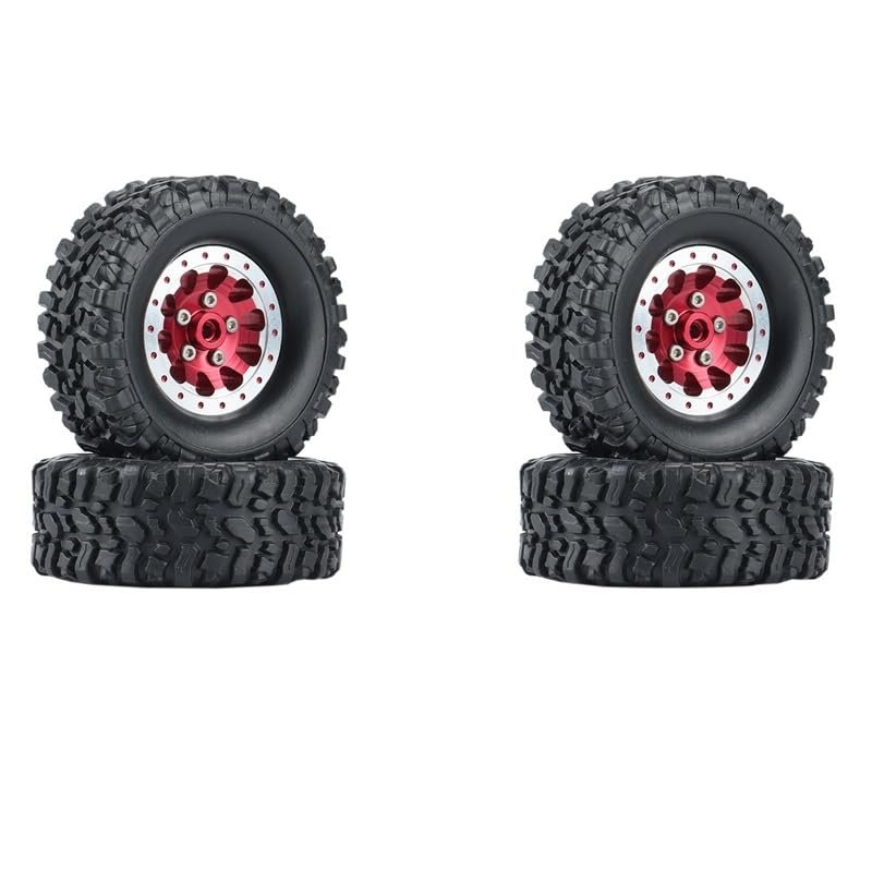4Pcs Metal Beadlock Wheel Hub Rim and Rubber Tire Set for WPL C14 C24 B14 B24 B36 MN D90 MN99S RC Car Upgrade Parts ( Color : Red )