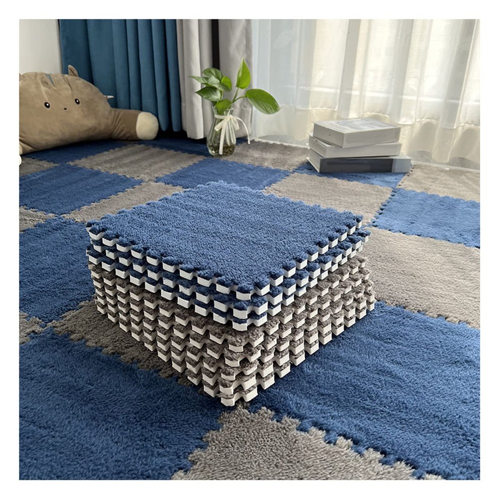 10Pcs Interlocking Foam Mats 10Mm Thick, Fluffy Carpet Tiles Plush Floor Tiles Area Rug, Soft Playmat Puzzle Floor Mat Soft Anti-Slip and Anti-Fall,Navy Blue+Grey,30x30cm