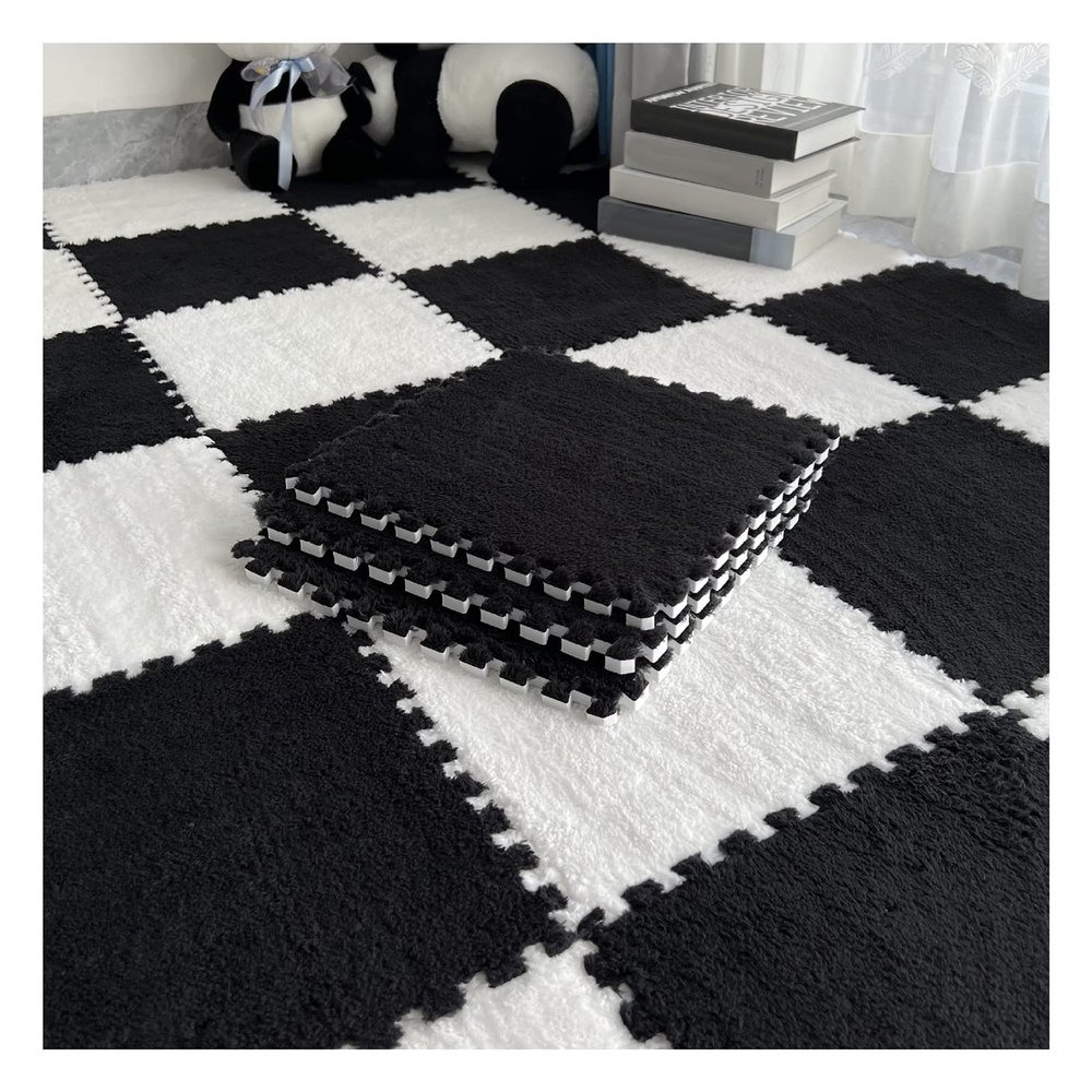 10Pcs Interlocking Foam Mats 10Mm Thick, Fluffy Carpet Tiles Plush Floor Tiles Area Rug, Soft Playmat Puzzle Floor Mat Soft Anti-Slip and Anti-Fall,Black+White,30x30cm