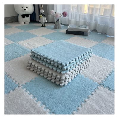 10Pcs Interlocking Foam Mats 10Mm Thick, Fluffy Carpet Tiles Plush Floor Tiles Area Rug, Soft Playmat Puzzle Floor Mat Soft Anti-Slip and Anti-Fall,Blue+White,60x60cm