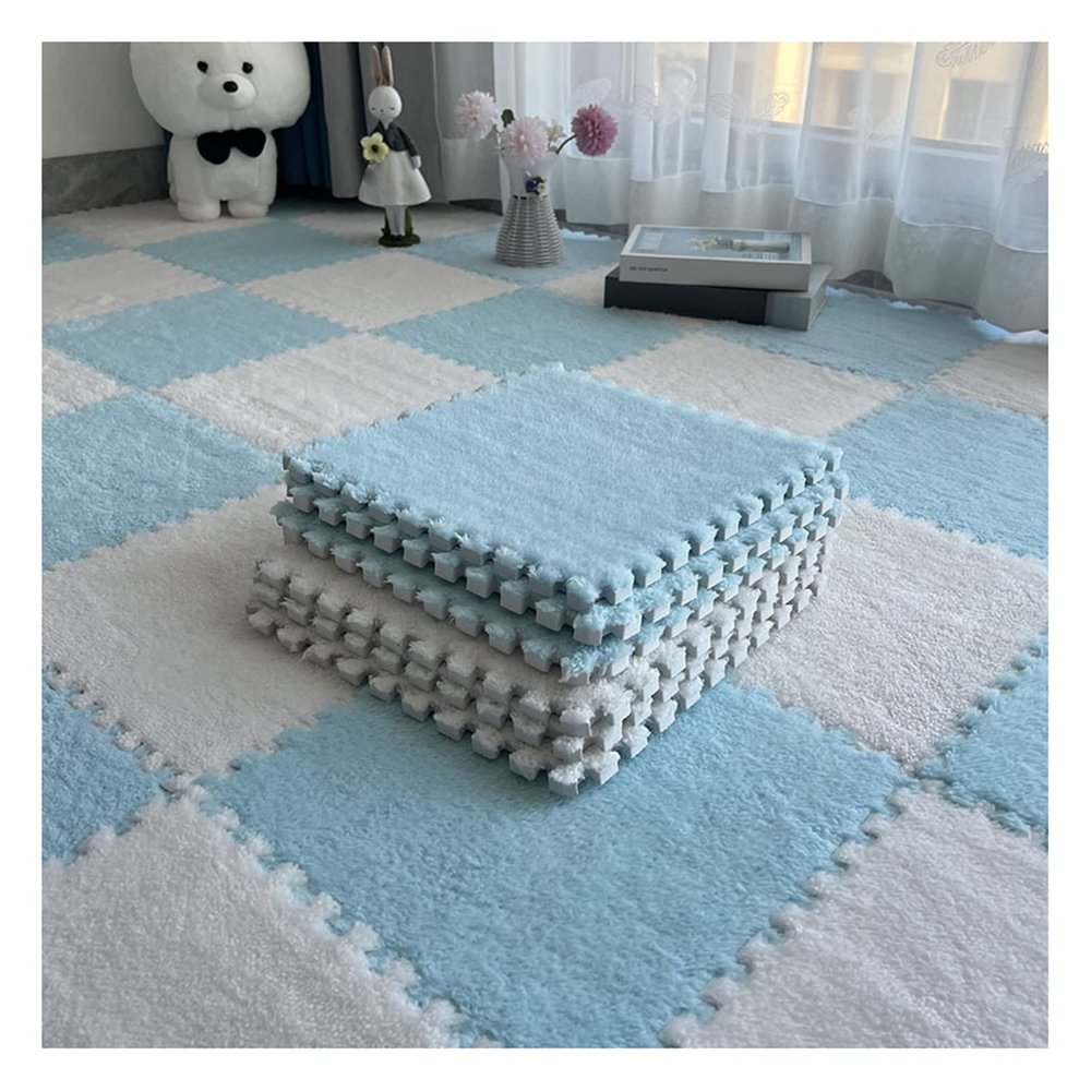 10Pcs Interlocking Foam Mats 10Mm Thick, Fluffy Carpet Tiles Plush Floor Tiles Area Rug, Soft Playmat Puzzle Floor Mat Soft Anti-Slip and Anti-Fall,Blue+White,30x30cm