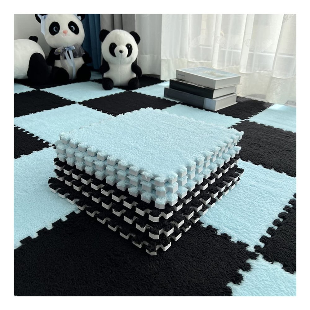 10Pcs Interlocking Foam Mats 10Mm Thick, Fluffy Carpet Tiles Plush Floor Tiles Area Rug, Soft Playmat Puzzle Floor Mat Soft Anti-Slip and Anti-Fall,Black+Blue,60x60cm