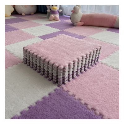 10Pcs Interlocking Foam Mats 10Mm Thick, Fluffy Carpet Tiles Plush Floor Tiles Area Rug, Soft Playmat Puzzle Floor Mat Soft Anti-Slip and Anti-Fall,Purple+Pink+White,30x30cm