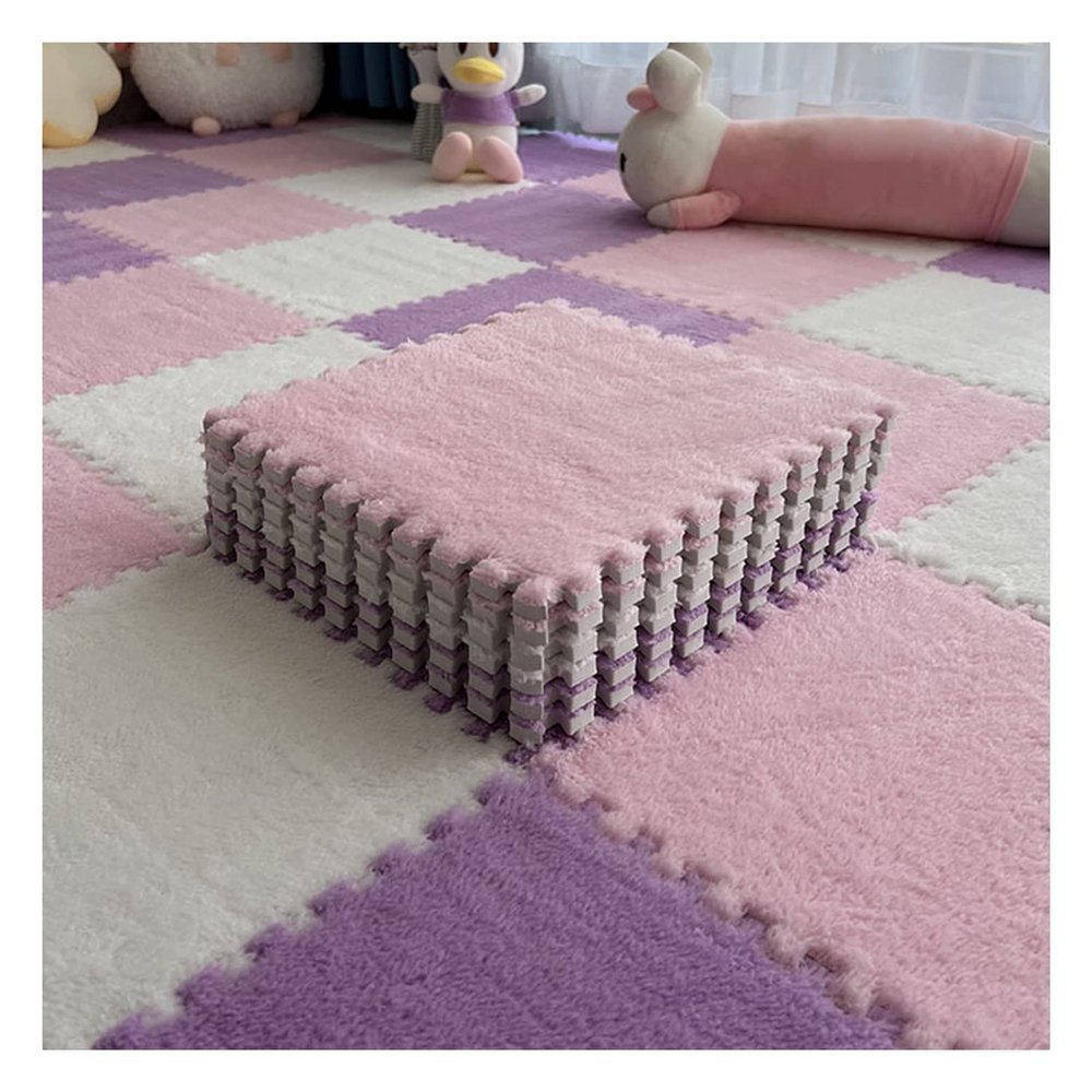 10Pcs Interlocking Foam Mats 10Mm Thick, Fluffy Carpet Tiles Plush Floor Tiles Area Rug, Soft Playmat Puzzle Floor Mat Soft Anti-Slip and Anti-Fall,Purple+Pink+White,30x30cm