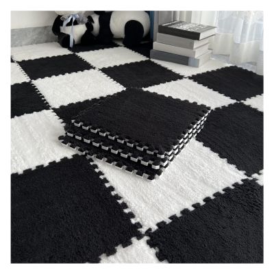 10Pcs Interlocking Foam Mats 10Mm Thick, Fluffy Carpet Tiles Plush Floor Tiles Area Rug, Soft Playmat Puzzle Floor Mat Soft Anti-Slip and Anti-Fall,Black+White,60x60cm
