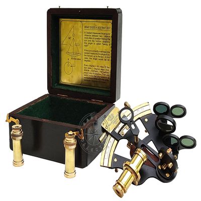 Black Powder Coated Brass Nautical Sextant with Wooden Box & Extra 2 Telescopes, Kelvin & Hughes London Sextant for Mariners Surveyors, Navigation Instruments, Vintage Style Wedding & Graduation Gift