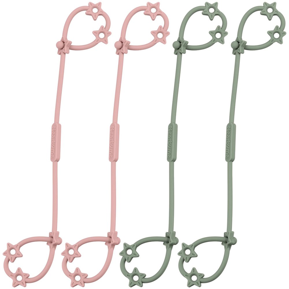 Toy Straps for Baby, 4 Pack Adjustable Stretchable Sippy Cup Straps, Sippy Bottles or Pacifier to Stroller, Highchair, Car Seat, Hanging Basket (4Pack, Blush/Sage x2)