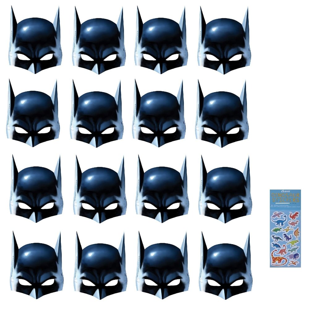 Unique Batman Super Hero Birthday Party Supplies Favor Bundle includes 16 Party PaperMasks with 1 Dinosaur Sticker Sheet