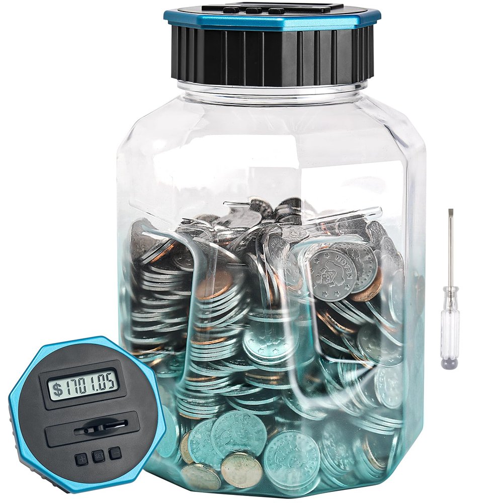 X-Large Piggy Bank for Adults Kids, Vcertcpl Digital Coin Counting Bank with LCD Counter, 2.4L Capacity, Great Coin Counter Bank Money Counting Jar with Total Amount Displayed (G Blue, X-Large)