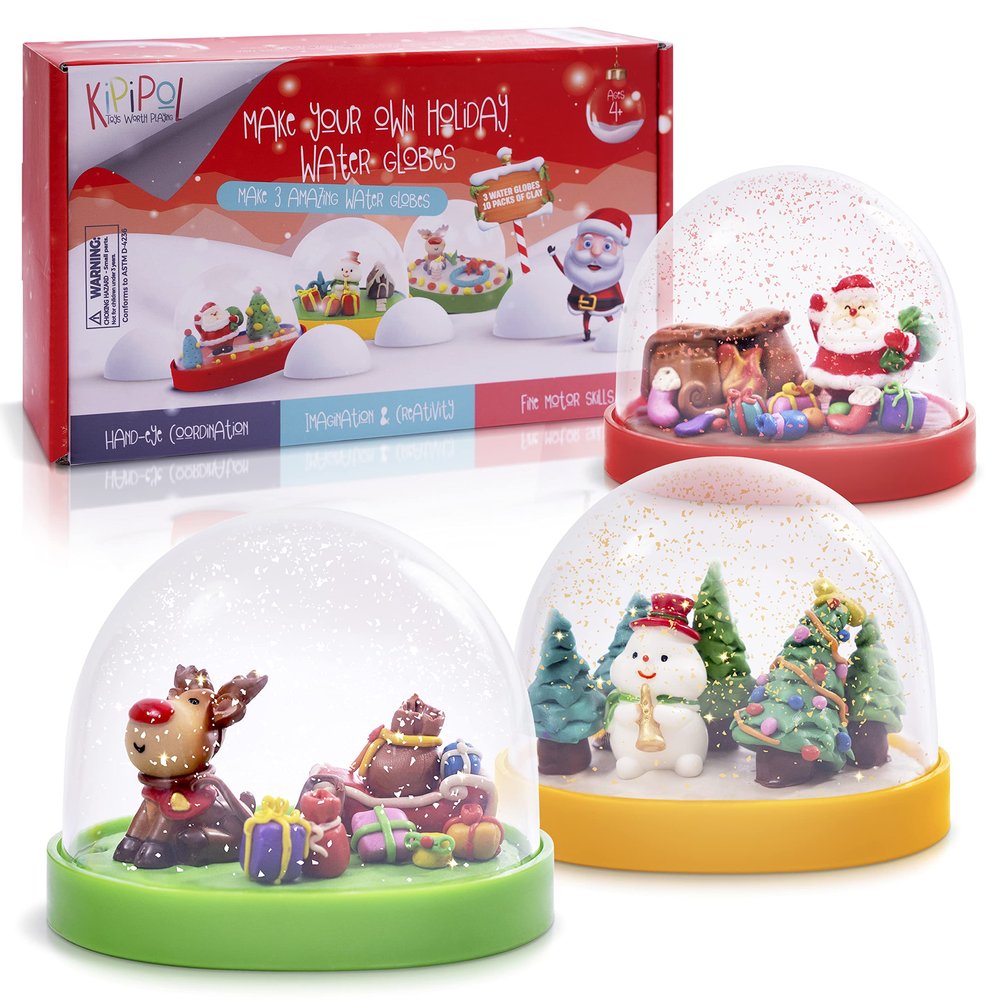 Kipipol Make Your Own Holiday Water Globe Kit 3X DIY Snow Globe Making Kit w/ 3 Figures, 10 Packs of Modeling Clay for Sculpting, Crafts for Girls Ages 4-6, Arts and Crafts for Kids Ages 4-6-8-12
