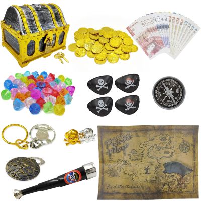 128 Pieces Kids Golden Frame Pirate Treasure Chest Toy Set Vintage Pirate Pretend Toys Include Coins, Jewels, Paper Play Money etc. for Role Play Treasure Hunting Game for Kids