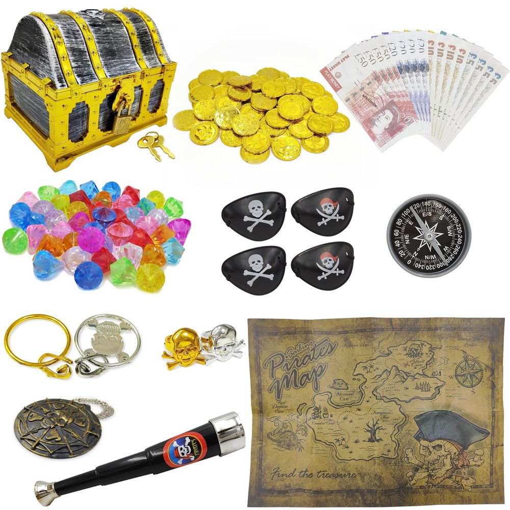 128 Pieces Kids Golden Frame Pirate Treasure Chest Toy Set Vintage Pirate Pretend Toys Include Coins, Jewels, Paper Play Money etc. for Role Play Treasure Hunting Game for Kids