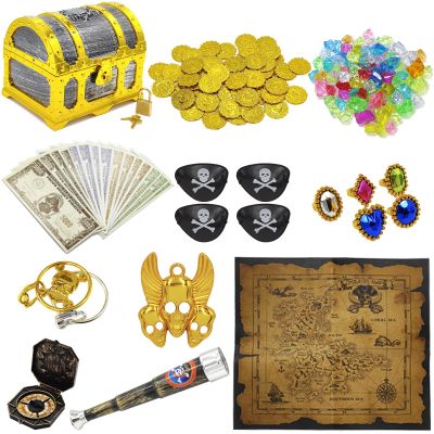 182 Pieces Kids Golden Frame Pirate Treasure Chest Toy Set with Lock Map Coins Gems Earrings Rings Eye Patch Compass Telescope Play Paper Money for Role Play Treasure Hunting Game for Kids