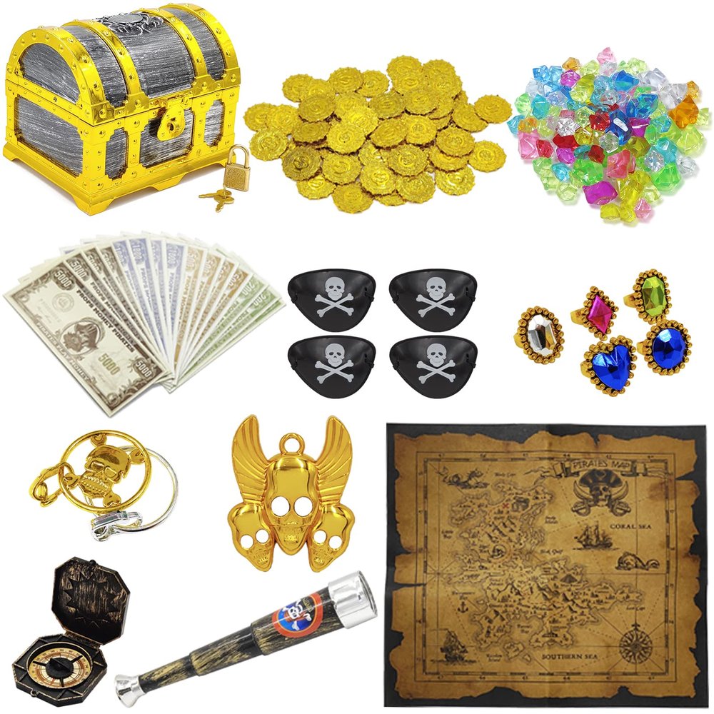 182 Pieces Kids Golden Frame Pirate Treasure Chest Toy Set with Lock Map Coins Gems Earrings Rings Eye Patch Compass Telescope Play Paper Money for Role Play Treasure Hunting Game for Kids