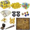 182 Pieces Kids Golden Frame Pirate Treasure Chest Toy Set with Lock Map Coins Gems Earrings Rings Eye Patch Compass Telescope Play Paper Money for Role Play Treasure Hunting Game for Kids view 1