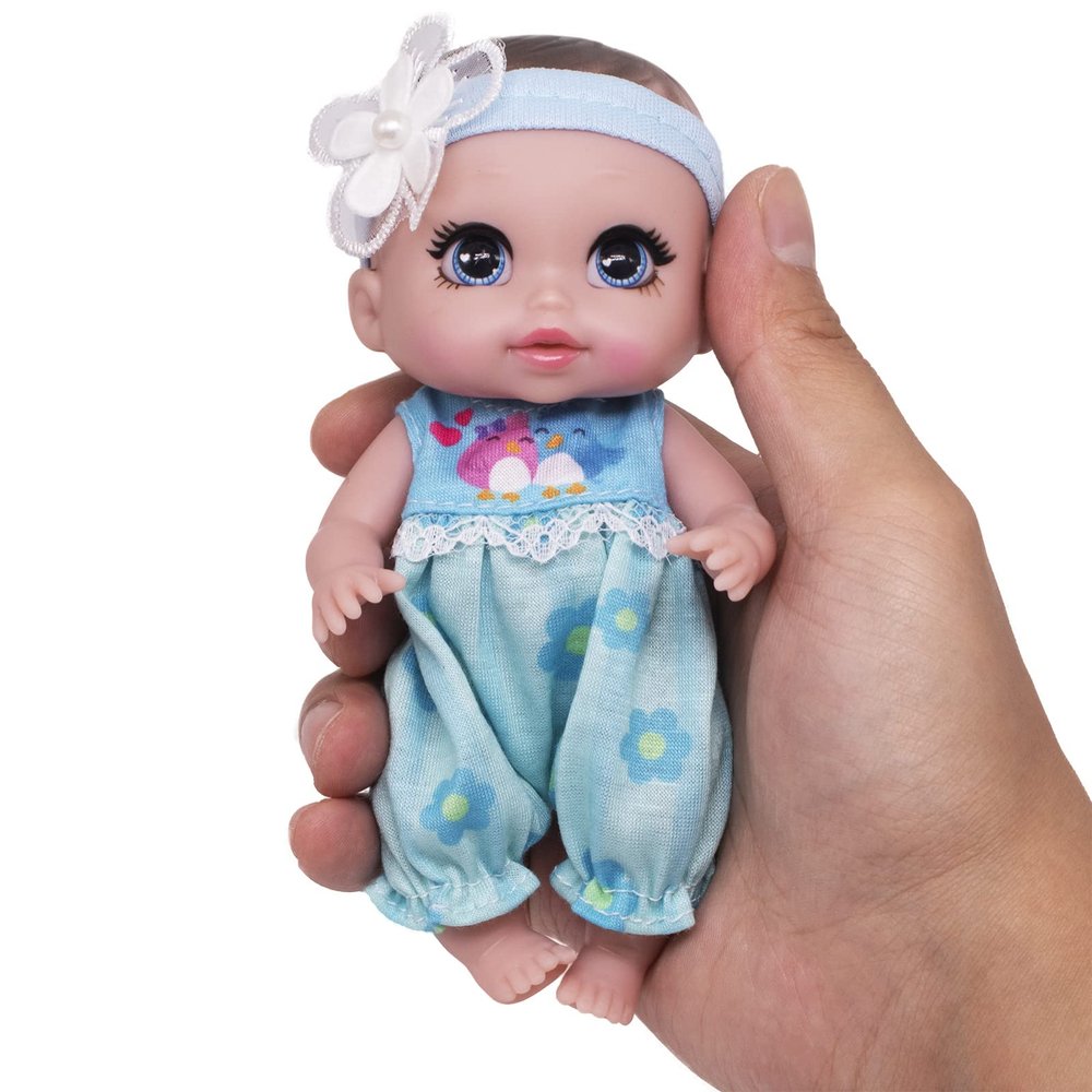 Beem Jun 6" Cute Small Baby Doll Newborn Baby All Vinyl Reborn Baby Dolls for Girls Swivel Mini Dolls 16 cm Crying Baby DIY Toys for Ages 3+(Blue)