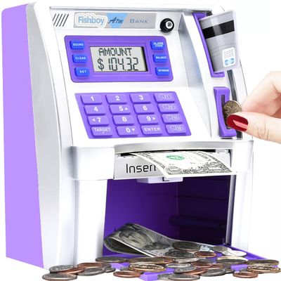 Fishboy ATM Piggy Bank for Kids with Power-Off Memory and Debit Card for Real Money, Onekey Shutdown, Coin Recognition, Target Setting, Bill Feeder, Balance Calculator, Electronic Savings Machine Box