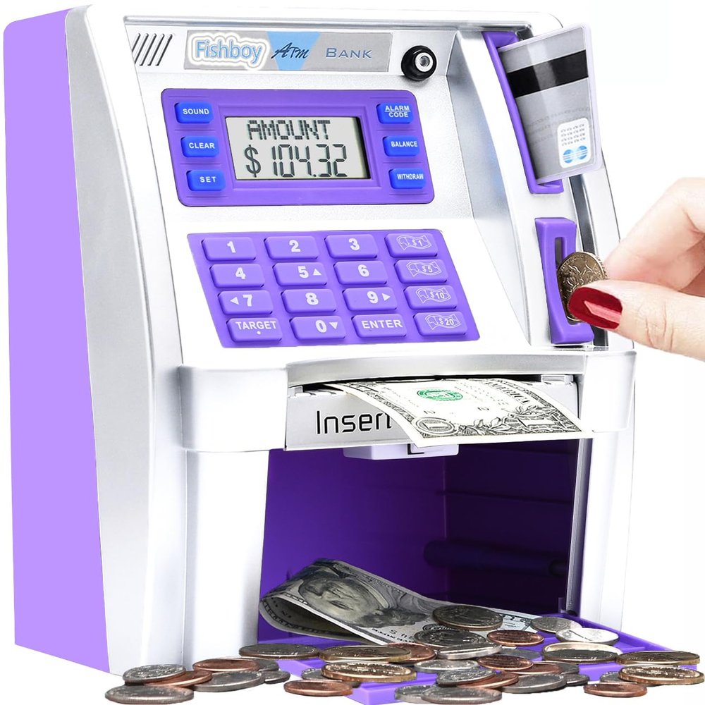 Fishboy ATM Piggy Bank for Kids with Power-Off Memory and Debit Card for Real Money, Onekey Shutdown, Coin Recognition, Target Setting, Bill Feeder, Balance Calculator, Electronic Savings Machine Box