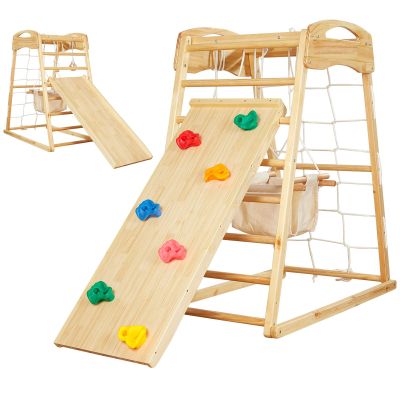 FUNLIO 7-in-1 Wood Indoor Playground for Toddlers 2-5, Montessori Climbing Toys with Solid Pine Wood, Indoor Jungle Gym for Kids with Swing/Slide/Climbing Rock/Net/Ladder/Monkey Bars/Gymnastic Rings