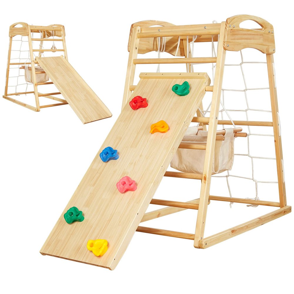 FUNLIO 7-in-1 Wood Indoor Playground for Toddlers 2-5, Montessori Climbing Toys with Solid Pine Wood, Indoor Jungle Gym for Kids with Swing/Slide/Climbing Rock/Net/Ladder/Monkey Bars/Gymnastic Rings