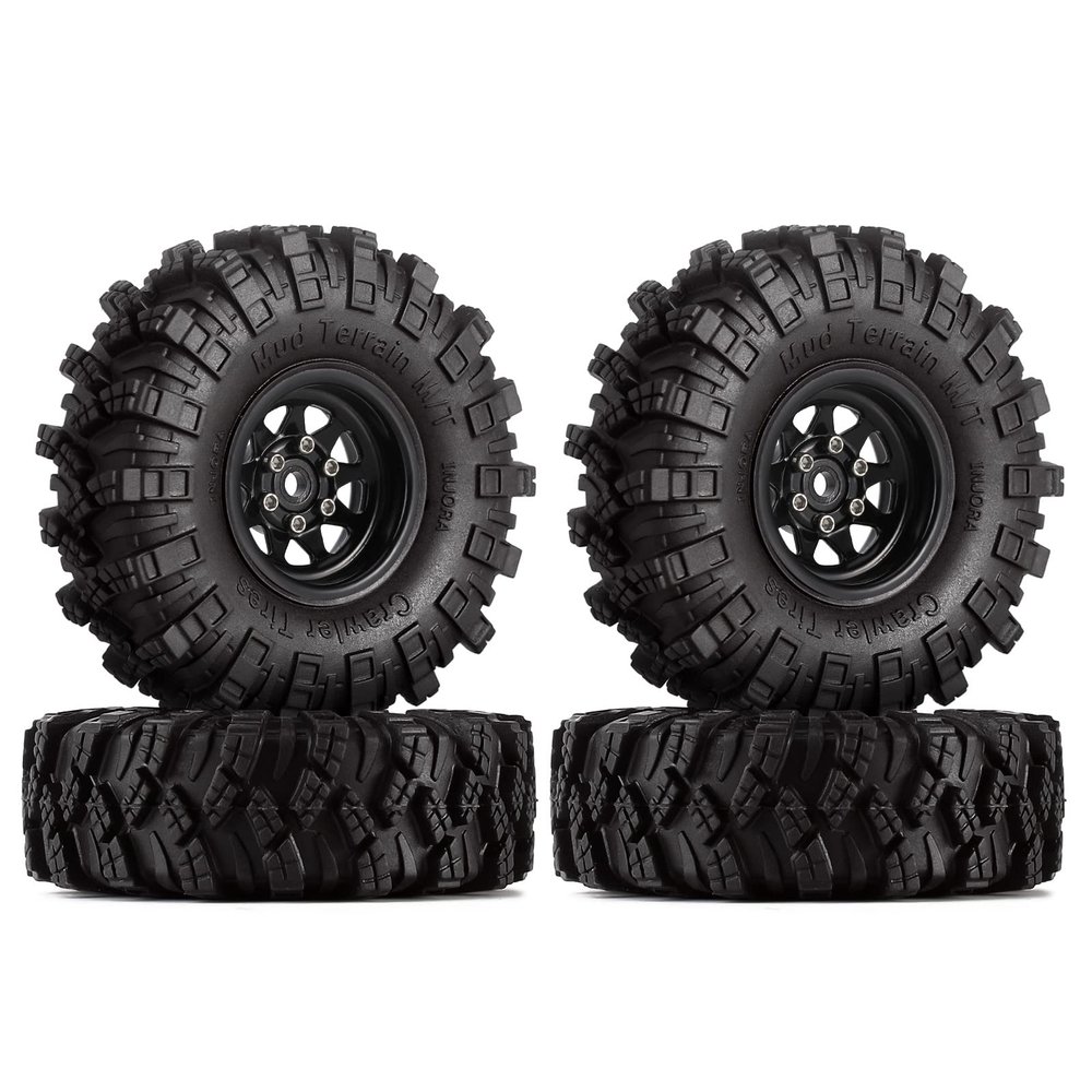 INJORA 1.0 Beadlock Wheel Mud Tires Set Deep Dish 1.0" Wheels Tires for 1/18 TRX4M Axial AX24 SCX24 Gladiator Deadbolt Bronco C10 JLU Upgrade Parts(Black