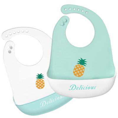 Eimmabey Silicone Bibs for Babies and Toddlers 2 Sets Feeding Bibs for Boy and Girl, Adjustable Soft Waterproof Bibs with Food Catcher Pineapple
