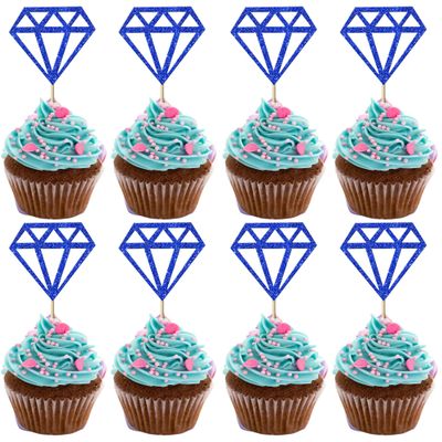 Rsstarxi 24 Pack Diamond Cupcake Toppers Glitter Diamond Cupcake Picks for Bridal Shower Engagement Wedding Anniversary Birthday Party Cake Decorations Supplies Blue
