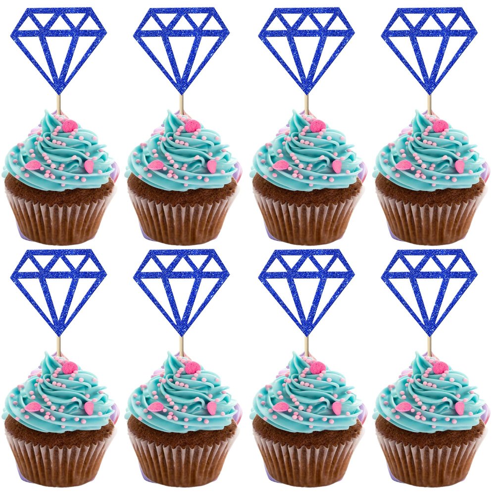 Rsstarxi 24 Pack Diamond Cupcake Toppers Glitter Diamond Cupcake Picks for Bridal Shower Engagement Wedding Anniversary Birthday Party Cake Decorations Supplies Blue