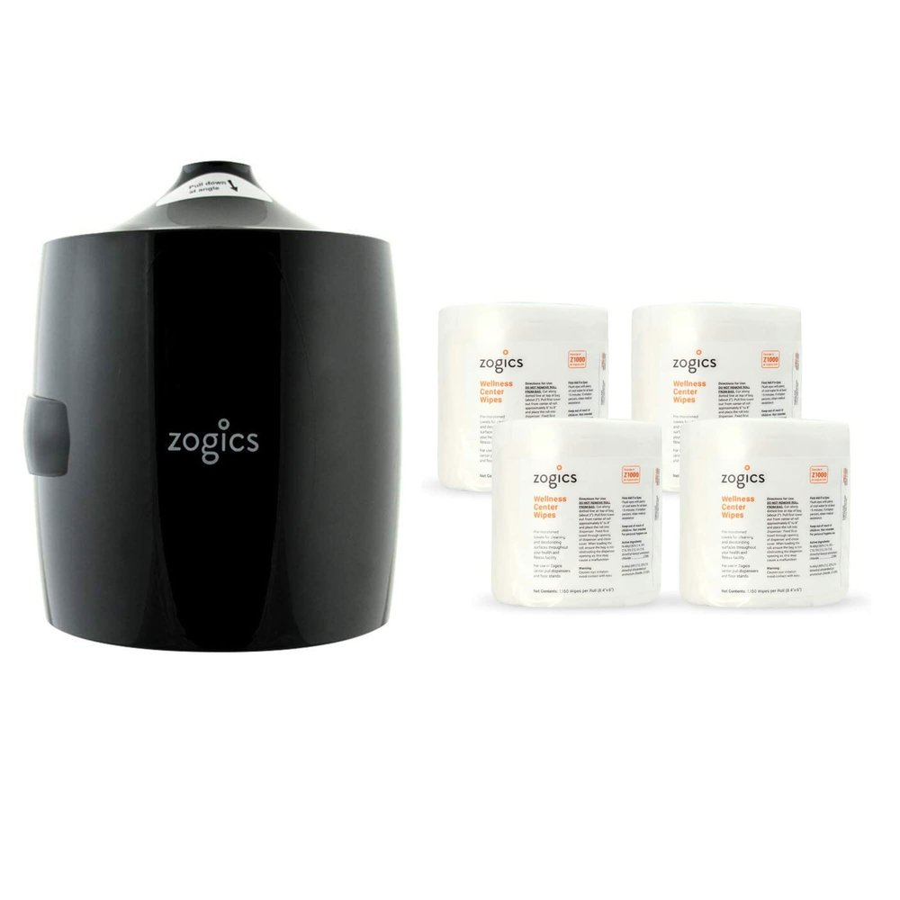 Zogics Wellness Center Wipes and Wall Mounted Dispenser  No-Touch Wipes Dispenser, Mounts Easily to Wall for Quick Access to Wellness Center Cleaning Wipes (Cleaning Wipes + Dispenser)