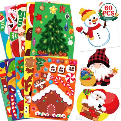 60Sheets Christmas Stickers Crafts for Kids - Make-a- Elf/Nutcracker/Gnomes/Gingerbread House/Santa/Snowman/Xmas Tree, Stocking Stuffers Goodie Bag Gifts Party Favors Supplies (Small Size)