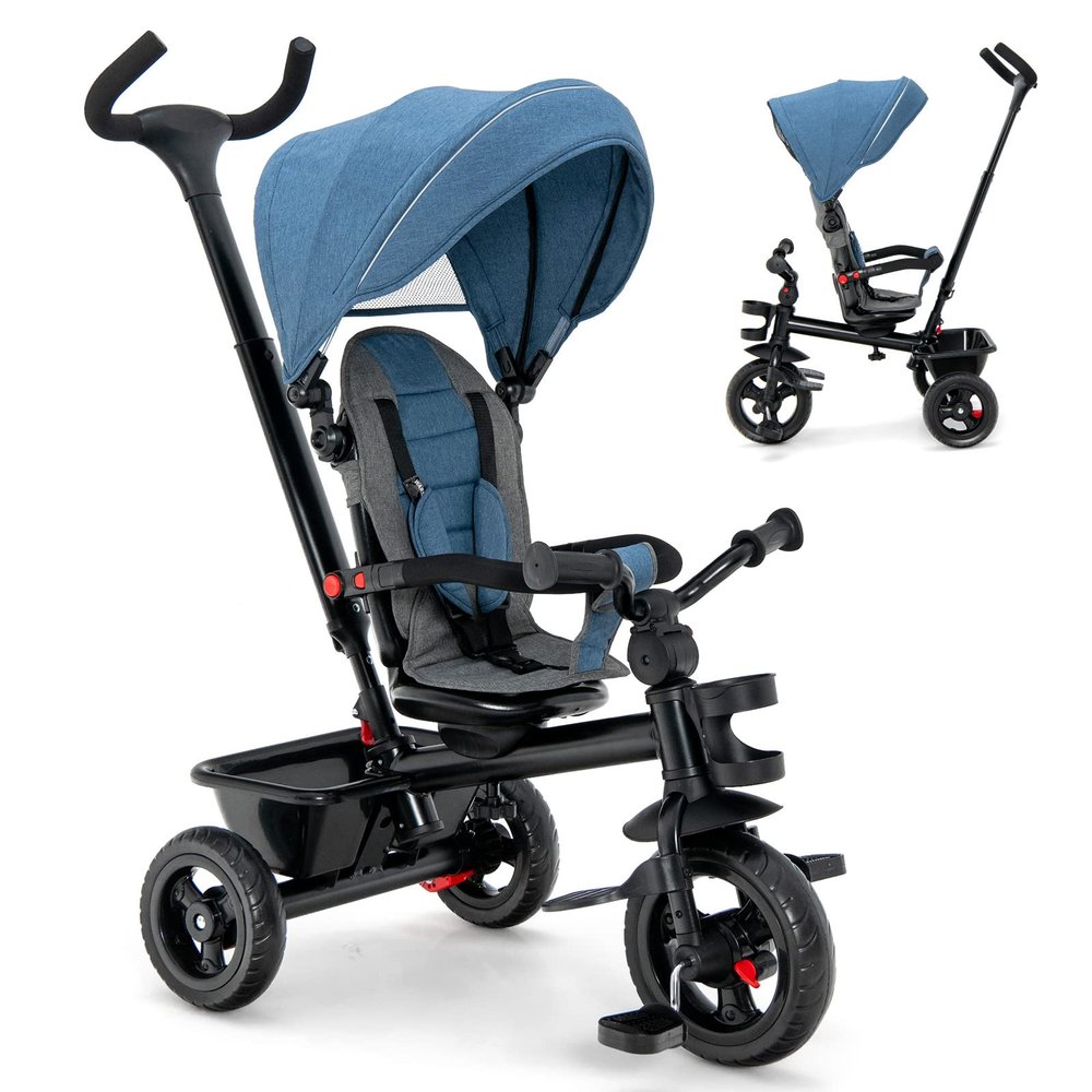 HONEY JOY Tricycle, 5-in-1 Baby Trike Stroller w/Adjustable Push Handle & Canopy, Reversible Seat, EVA Wheels Cup Holder & Storage Basket, Push Tricycle for Toddlers Age 1.5-5 Year Old (Blue)